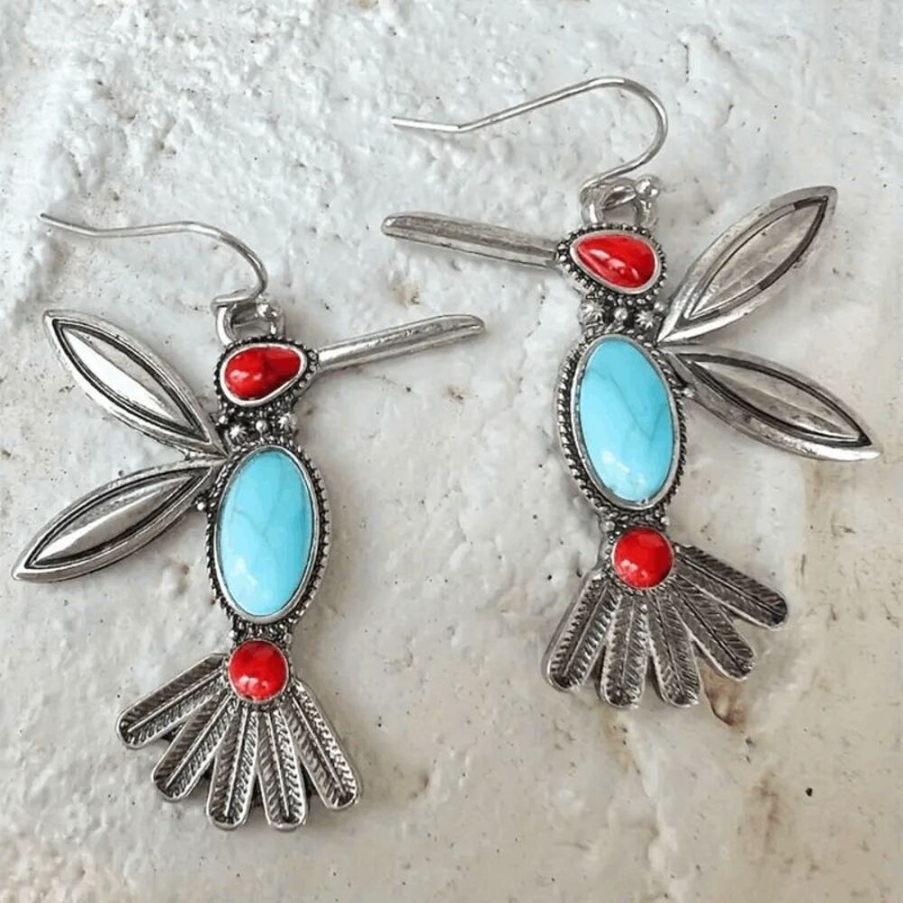 Hummingbird Red Blue Turquoise Dangle Earrings